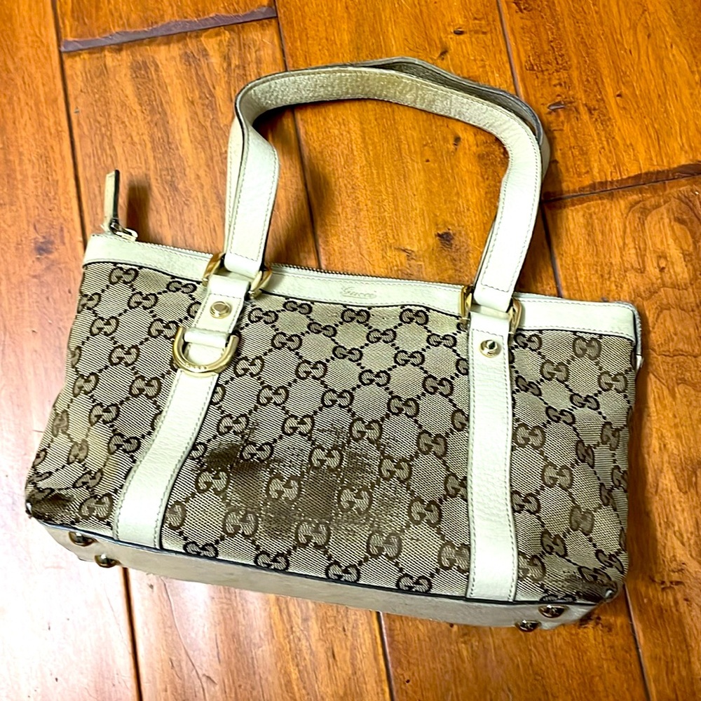 Gucci Authentic handbag beige zipper bag canvas leather GG Logo Preowned